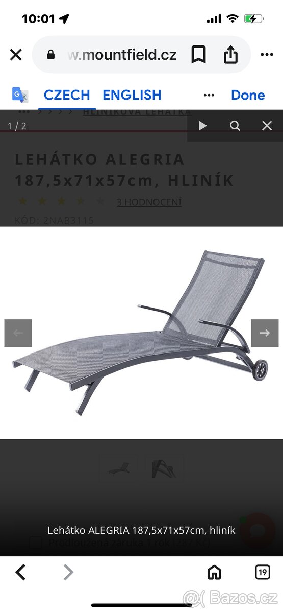 LEHÁTKO ALEGRIA 187,5x71x57cm, HLINÍK