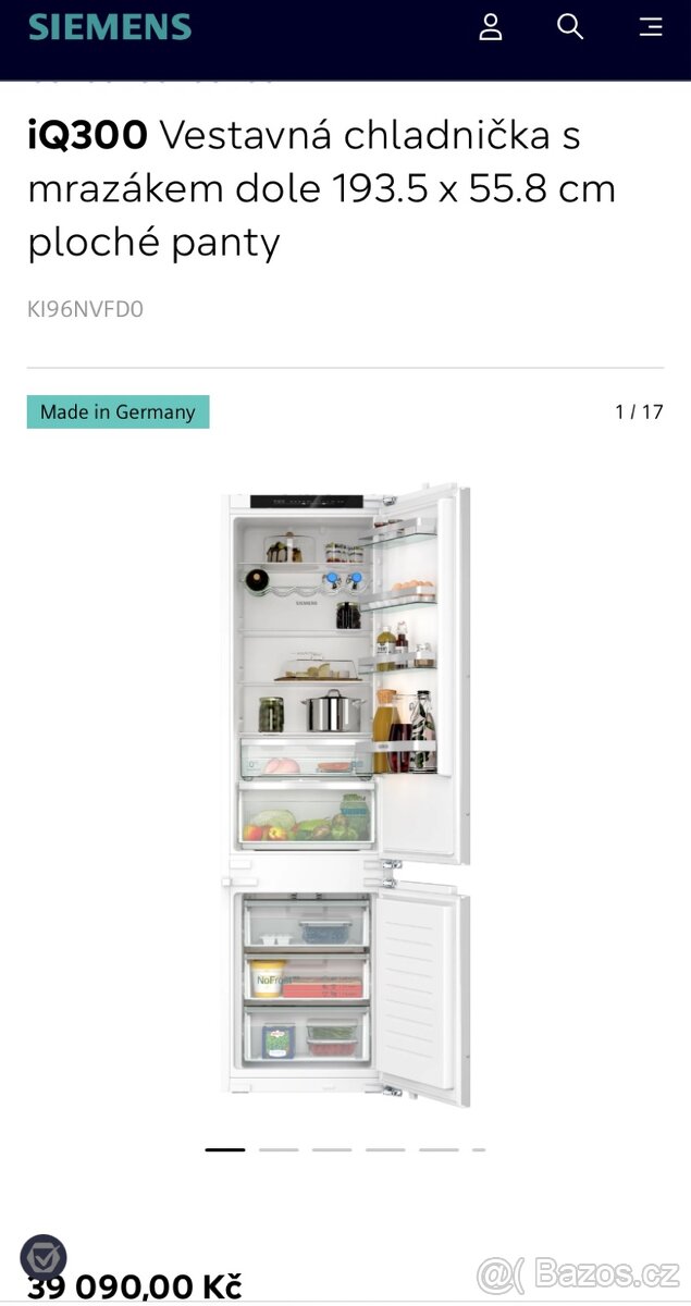 Nová veliká chladnička SIEMENS 193x56 cm, objem 290 Litrů