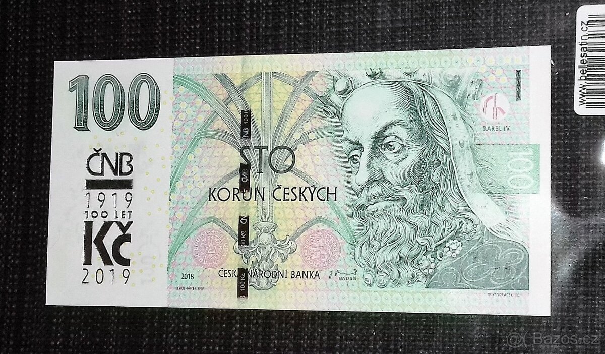 100 kč 2019 se stříbrným přítiskem ČNB, ve skvělém UNC stavu