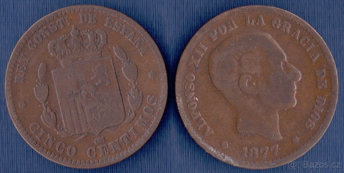 Mince Španělsko, 5 centimů 1877, cinco centimos