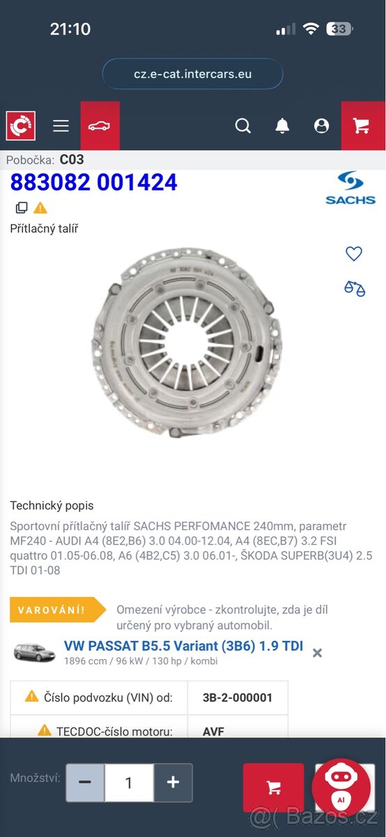 Přítlačný talíř Sachs Performance 1.9 TDI