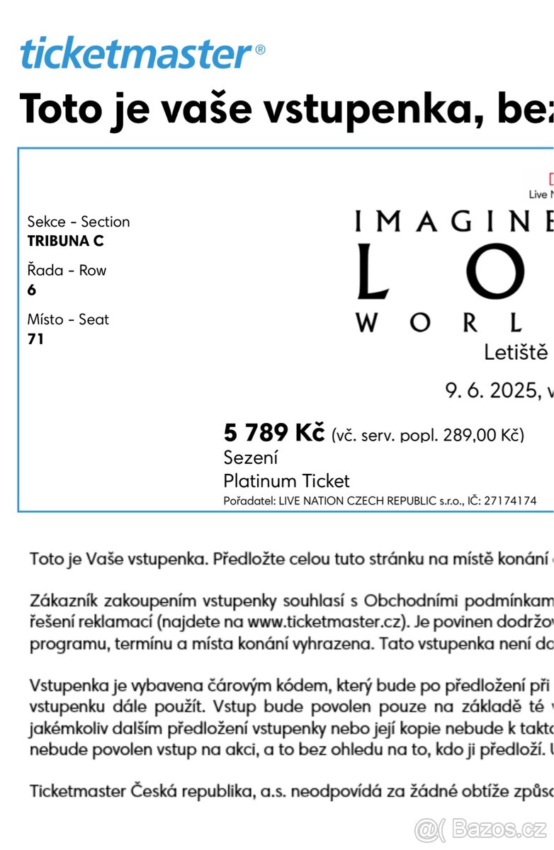Imagine Dragons 2x Platinum Ticket 9.6.2025