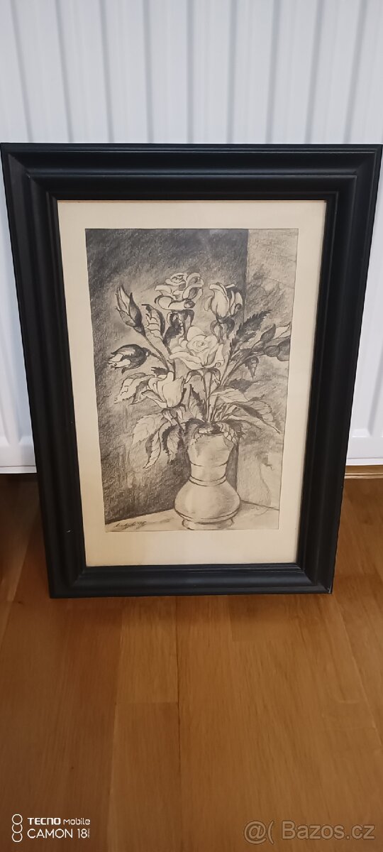 Pěkný obraz v dřevěném rámu,orig.kresba,signovaný