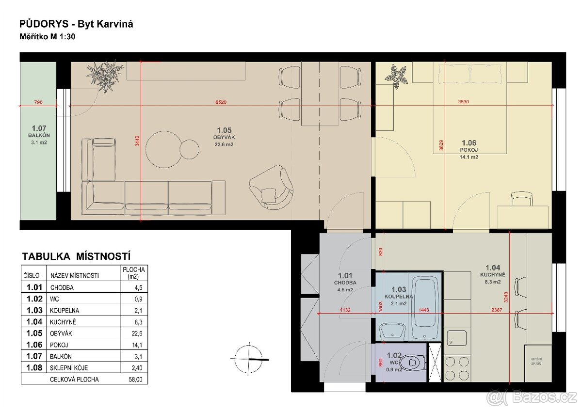 Prodej bytu 2+1 (58 m²) s balkonem, Karviná – Hranice