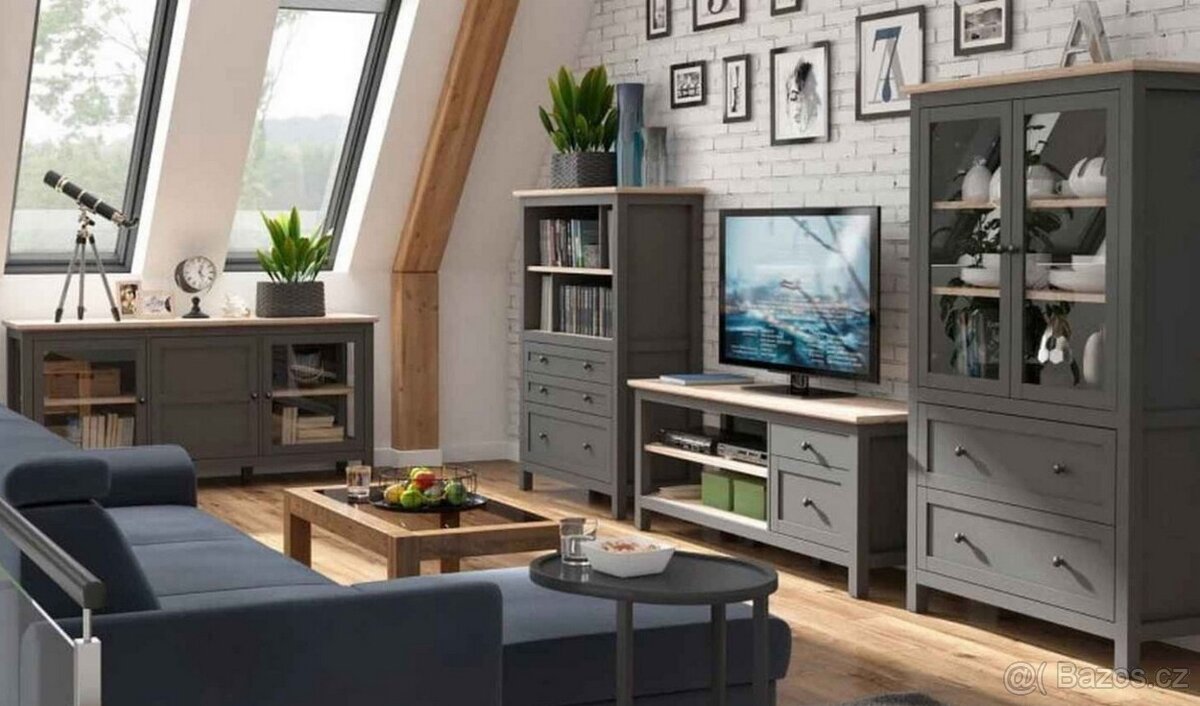 Sestava: komody+vitríny+stolek BRW - antracit nové