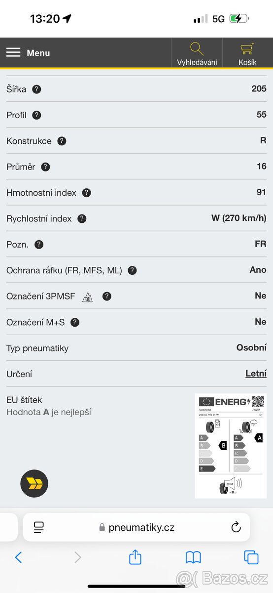 Prodám Pneumatiky Continental UltraContact 205/55 R16 91 W L