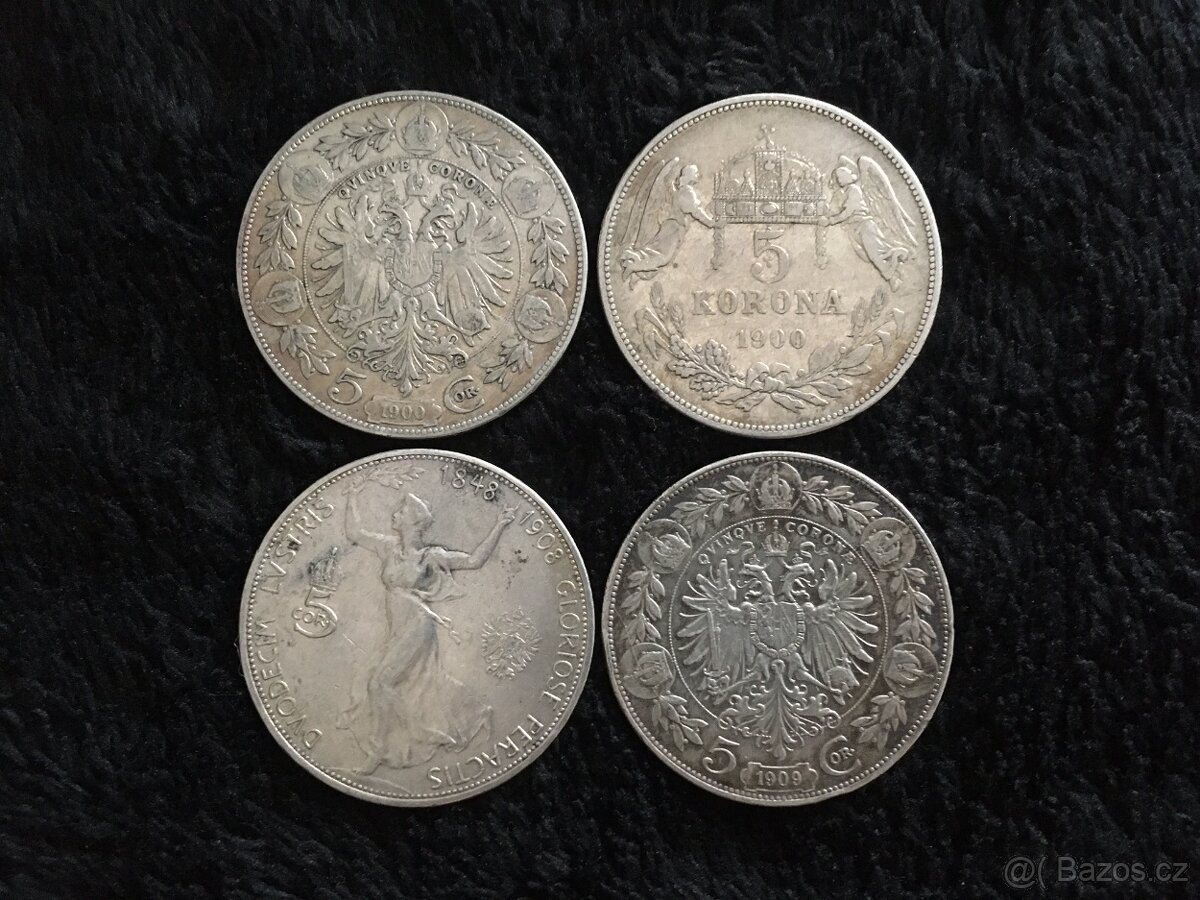 4 kusy stříbrných 5 korun RU F.J.I., každá mince jiná