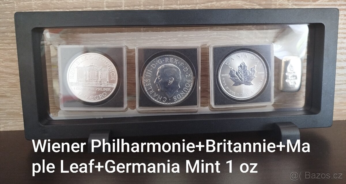 Set 3x Ag investiční mince + 1x Ag slitek Germania Mint.