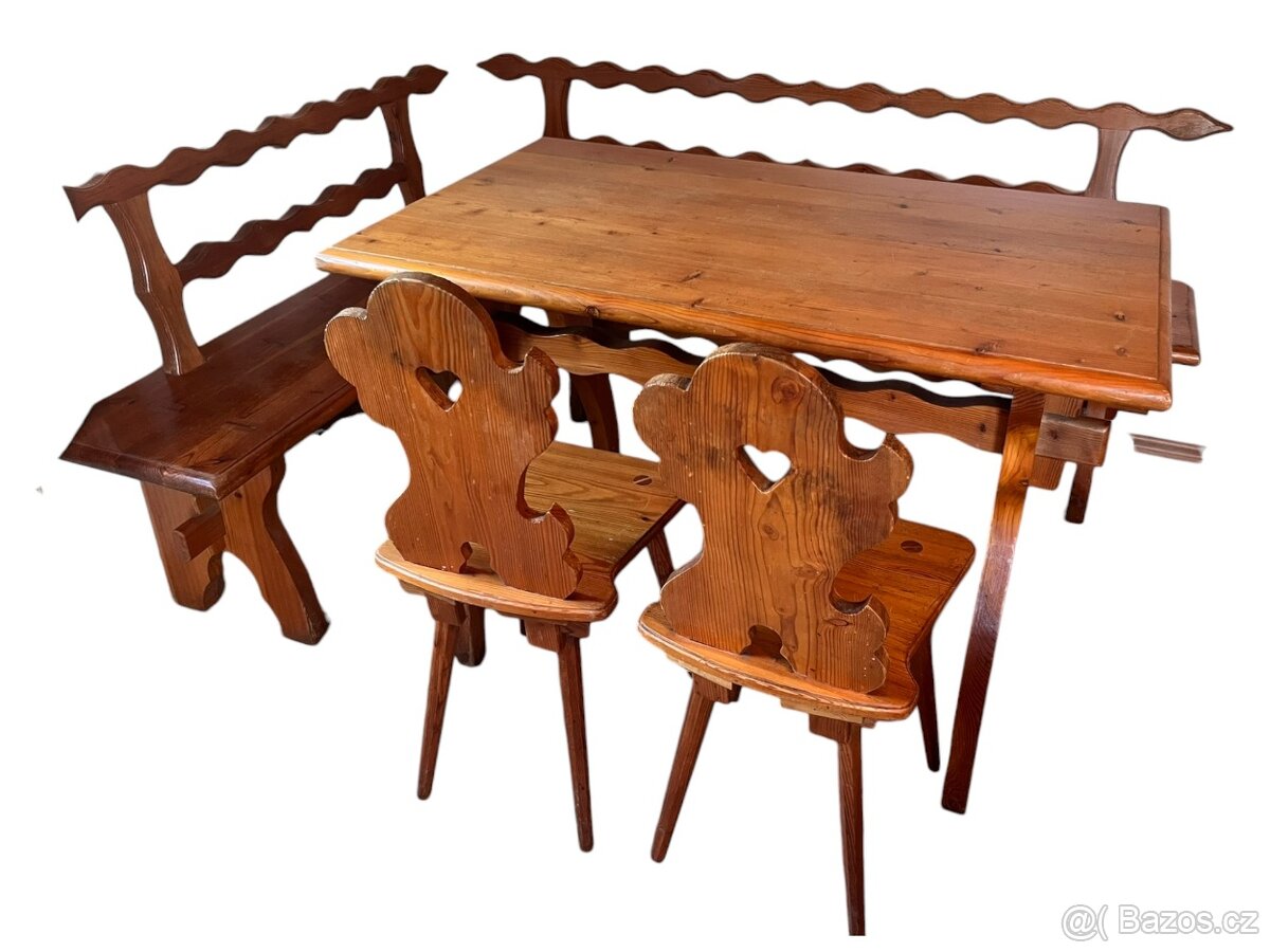 Starožitný chalupářský stůl, lavice, židle