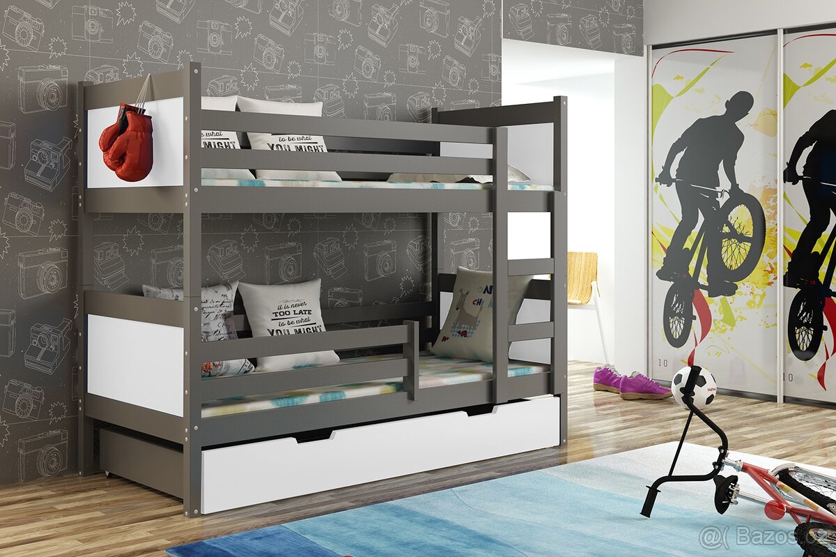 NOVÁ Patrová postel palanda grafit bílá MASIV + 2x MATRACE