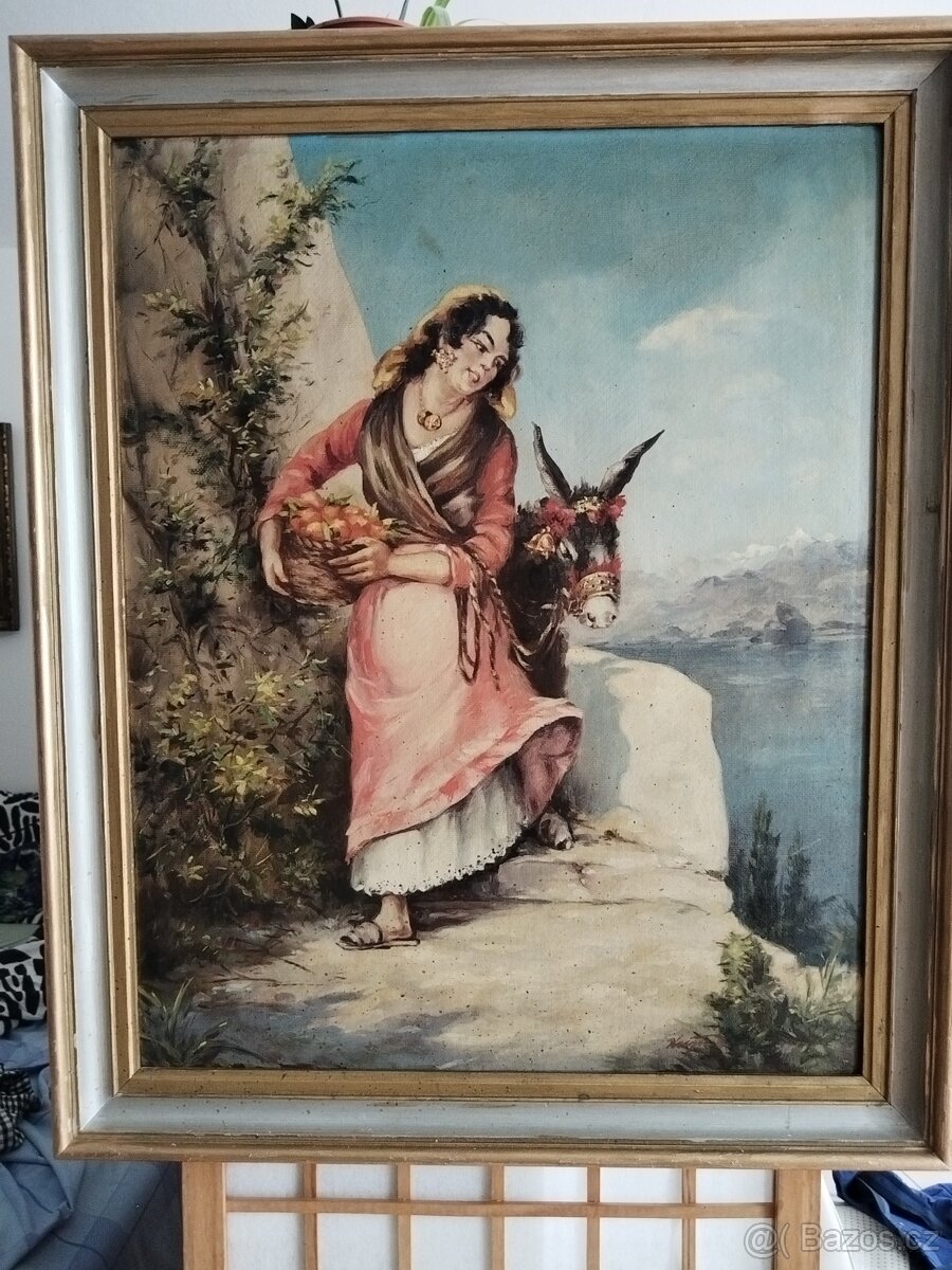 obraz DÍVKA S OSLÍKEM, olej, sign. nenalezena