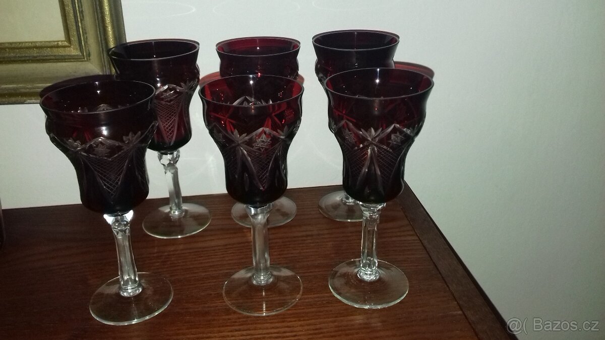 Číše, pohár, křišťál, červený, rubín, sada, 6 kusů, nové