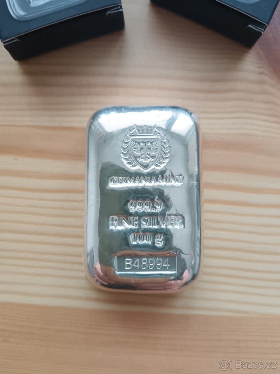 Stříbrný Slitek 100g čistého stříbra Germania Mint