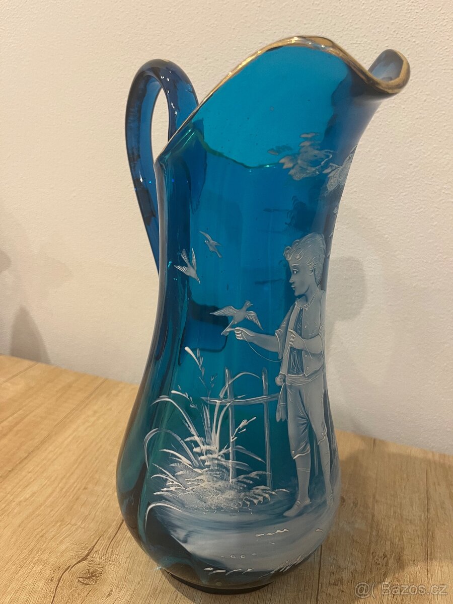 Starožitný modrý džbán s ruční malbou