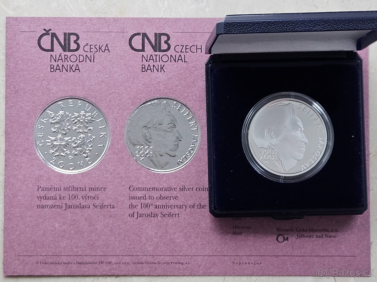 200 Kč 2001 - Jaroslav Seifert PROOF - stříbrná mince