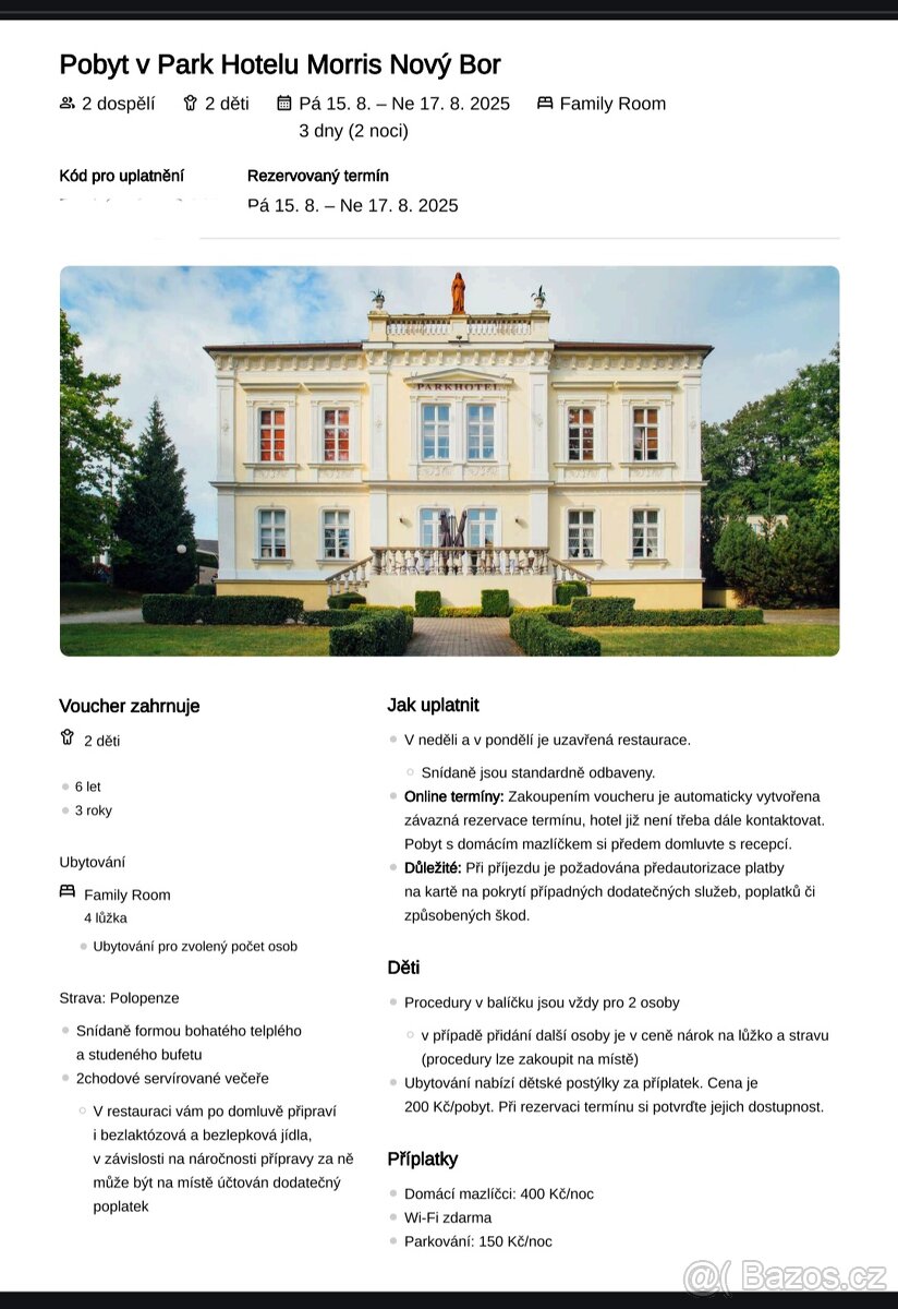 Prodám pobyt v Park Hotelu Morris v Novém Boru