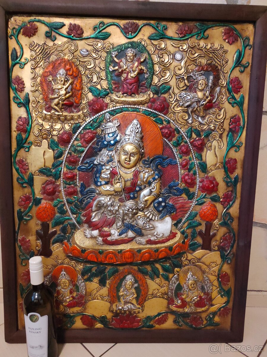 Tibetské drevo bronzová maľba - Thanka
