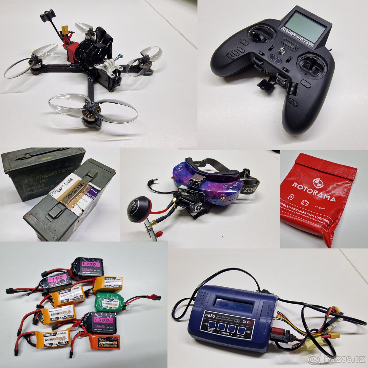 Různé analog FPV věci (2 rozložené drony, 2 brýle, ovladač,