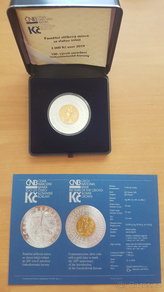 Bimetalová mince 2000 Kč 100. výročí zavedení čs. koruny