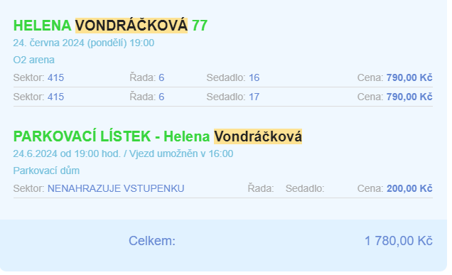 Helena Vondráčková koncert O2 24.6.24 včetně parkování