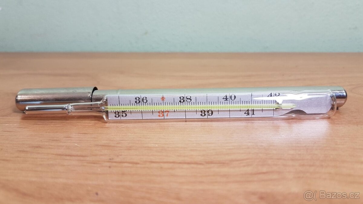 RTUŤOVÝ TEPLOMĚR NEPOUŽÍVANÝ - NORMOVANÝ LÉKAŘSKÝ, V KOVOVÉM