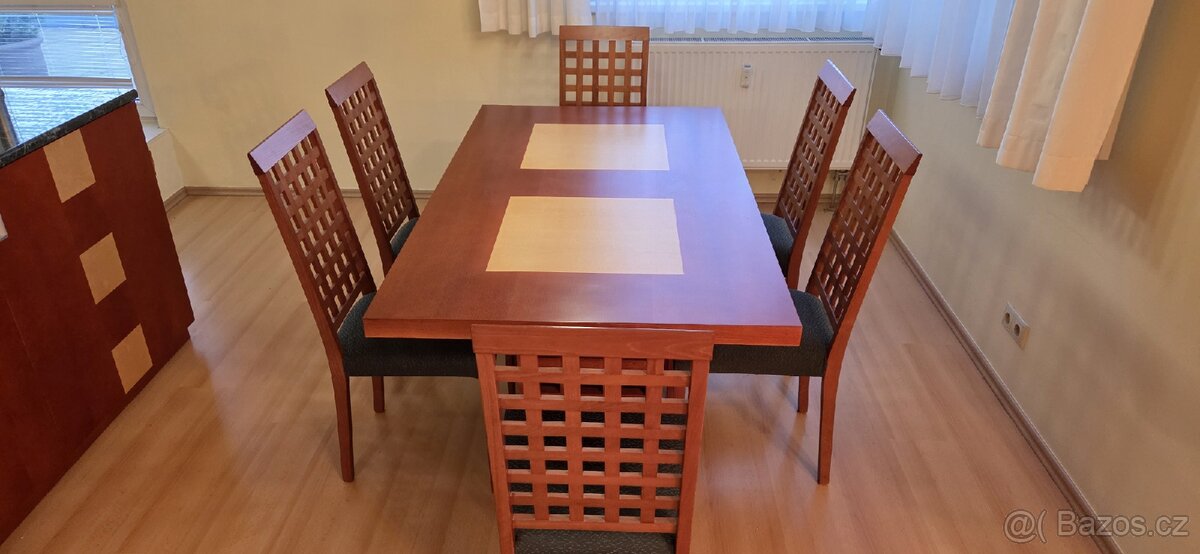 Jídelni stůl, 6 židlí, masiv, dýha