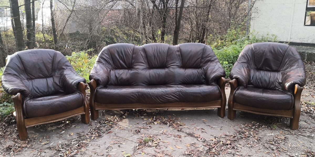 Kožená sedací souprava 3+1+1 s masivním dřevem TOP STAV