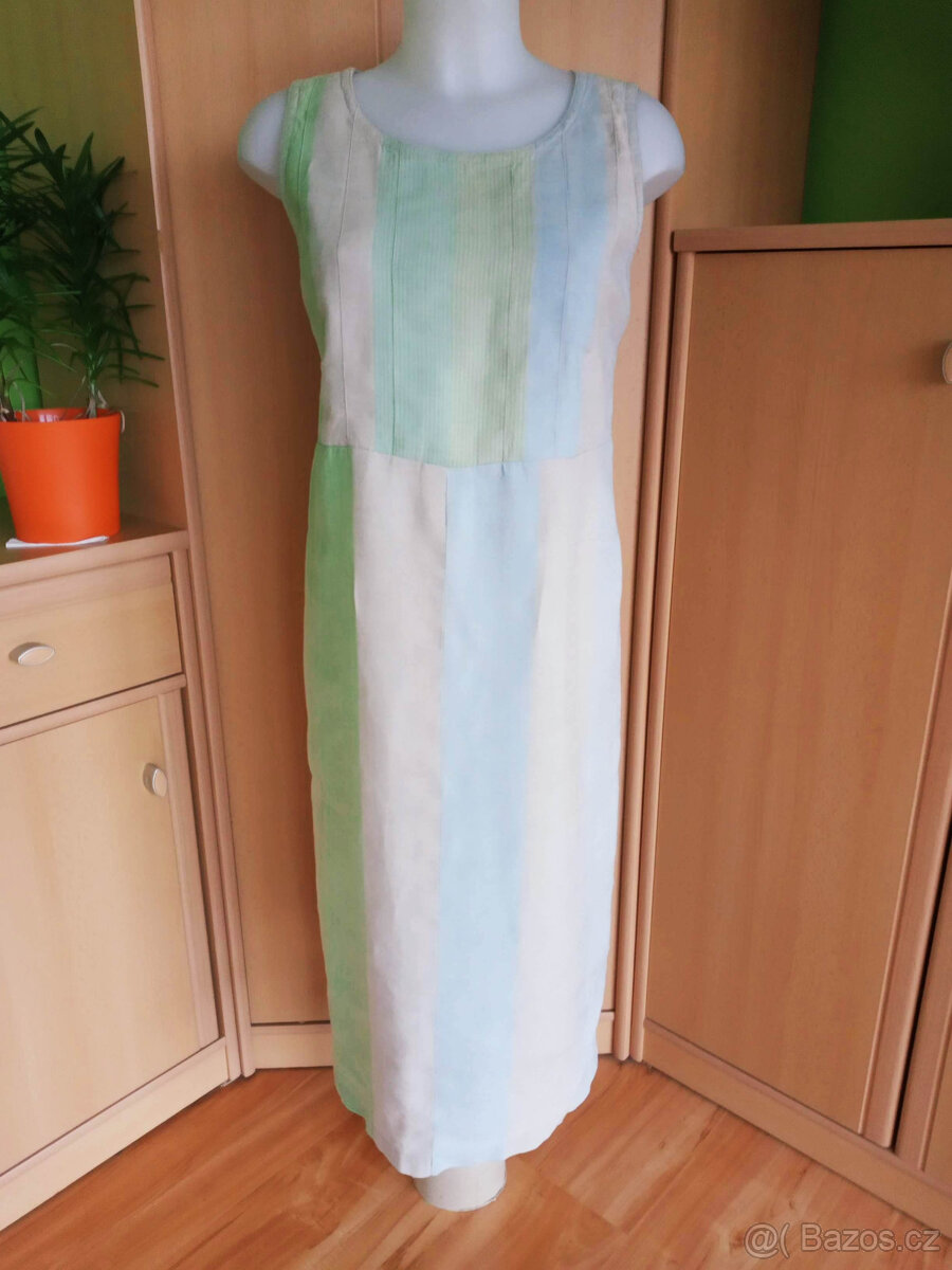 béžové šaty s modro-zelenými pruhy, zn.Ermabe