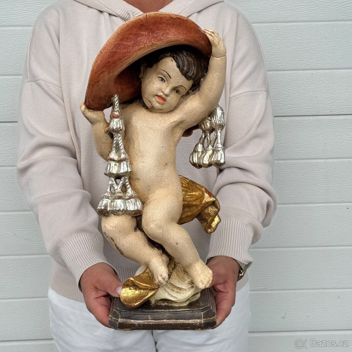 Skvostný velký anděl socha ze dřeva 41cm