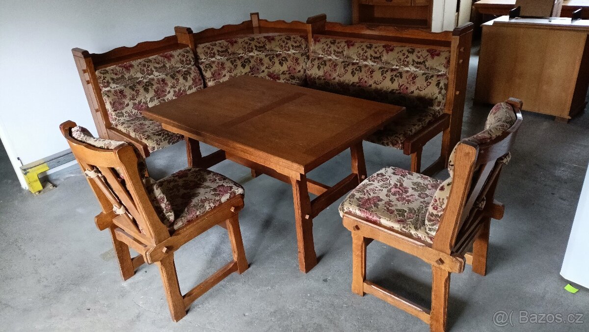 Rustikální rohová lavice+stůl a 2 židle