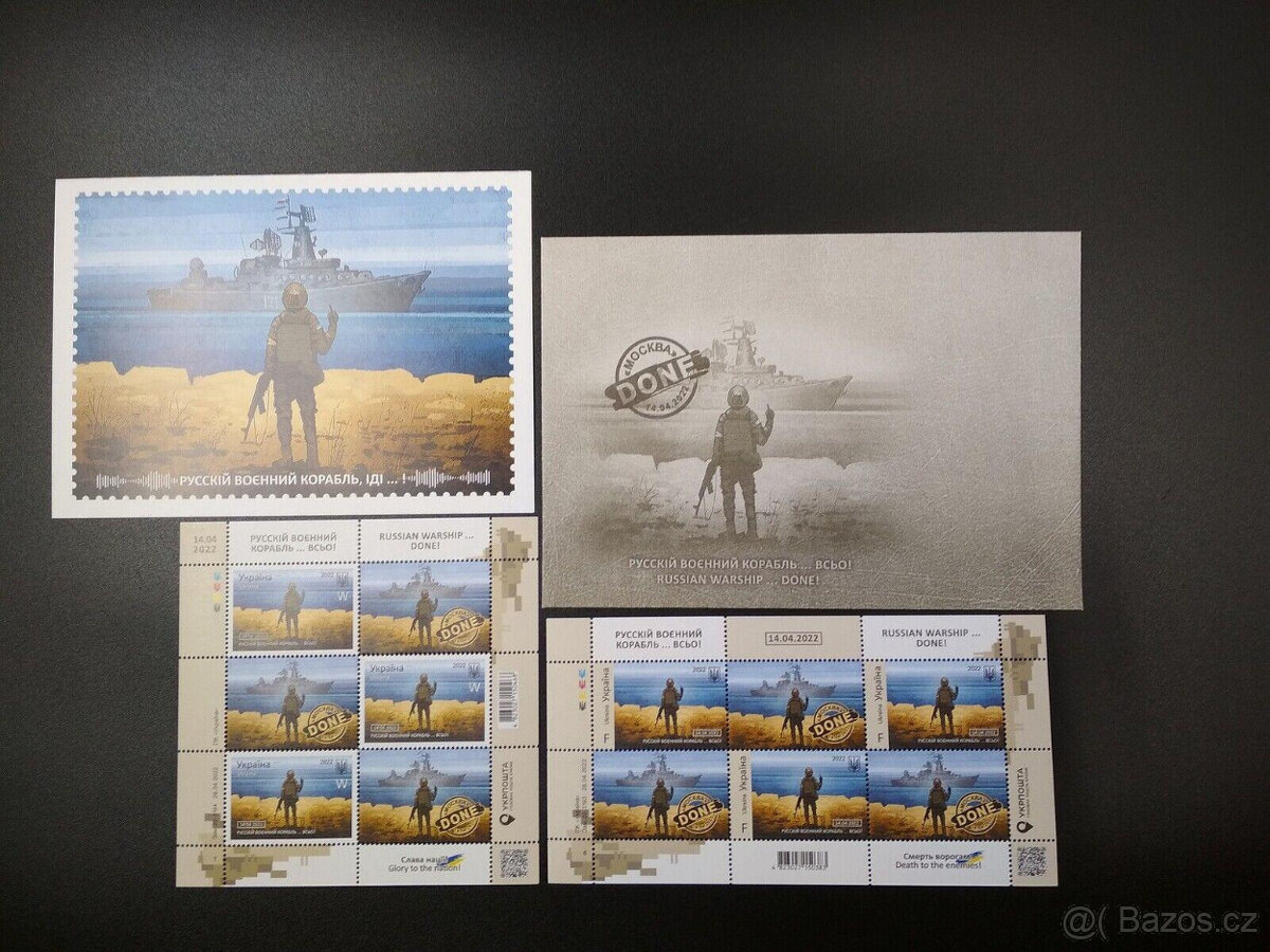 Originál blok známek W+F"Russian warship, go.. Done"+bonus