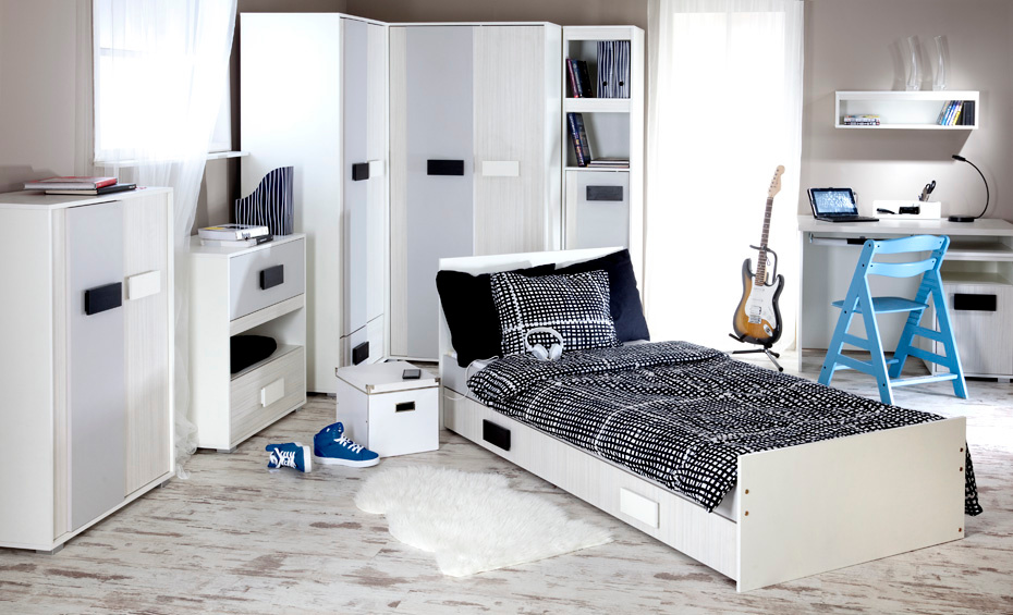 Dětský pokojový nábytek RIKI, neponičený, bílá, černá, šedá.