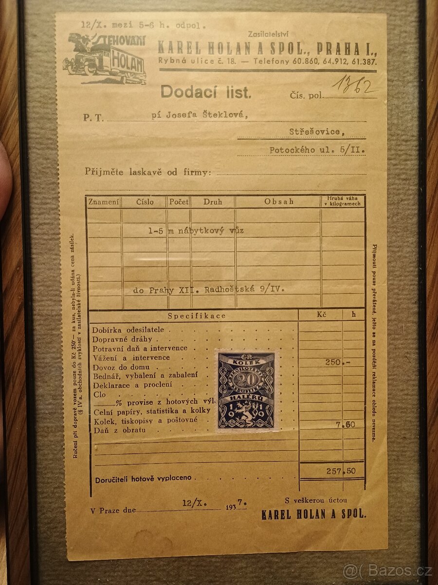 Starý dodací list v ramecku