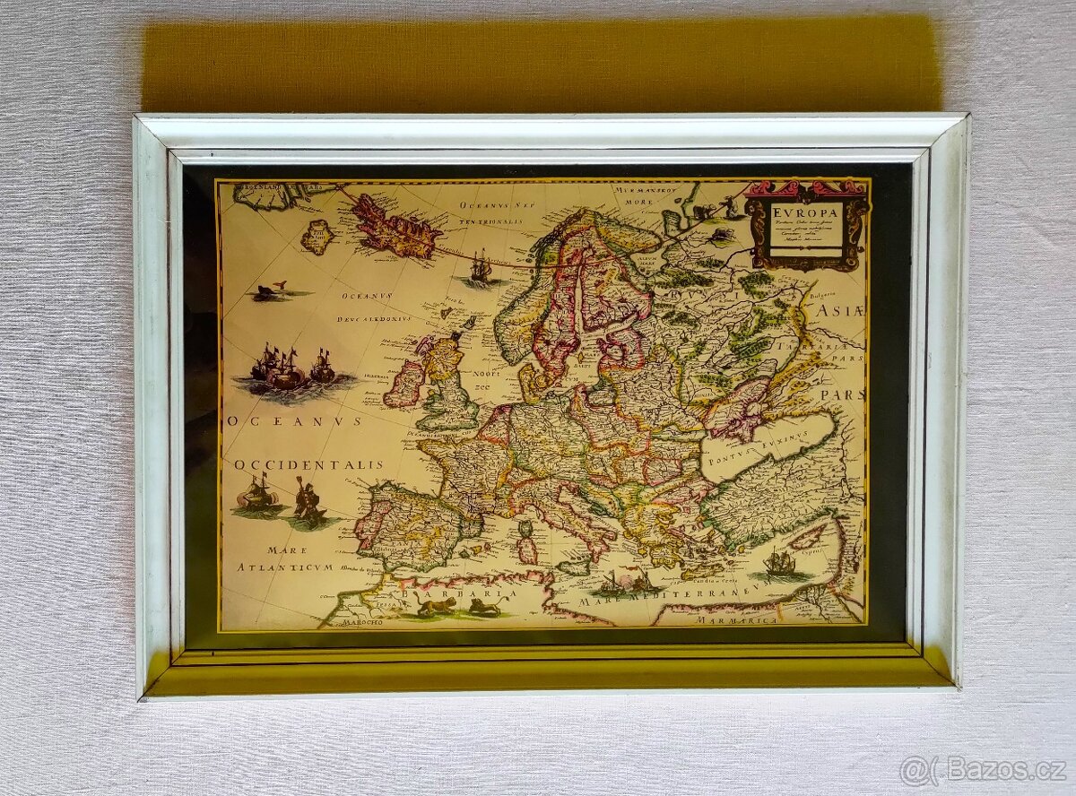 HISTORICKÁ  MAPA  EVROPY  /  obraz  57,5 x 40,5cm  /