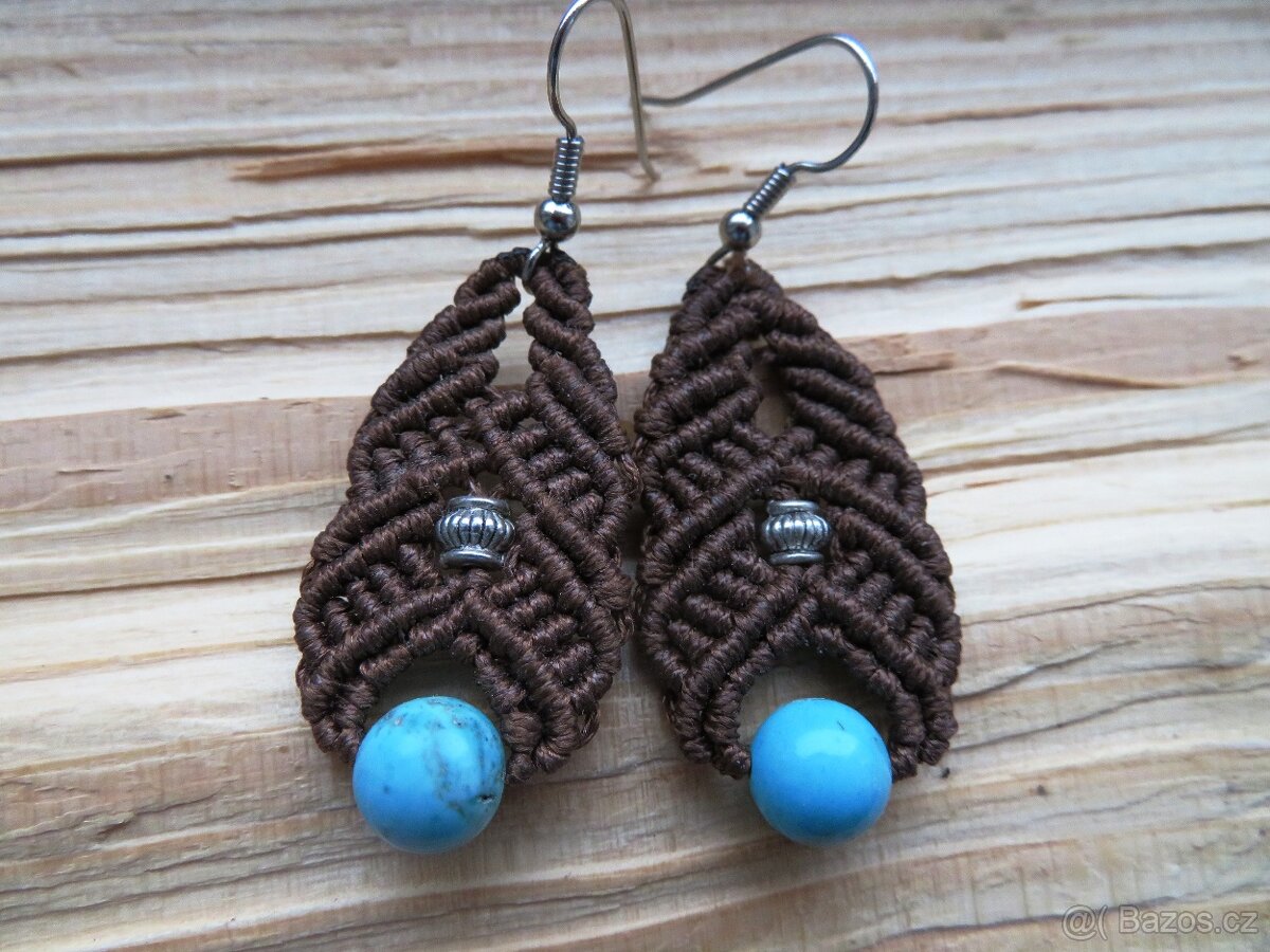 Originální náušnice micro macramé, tyrkys.
