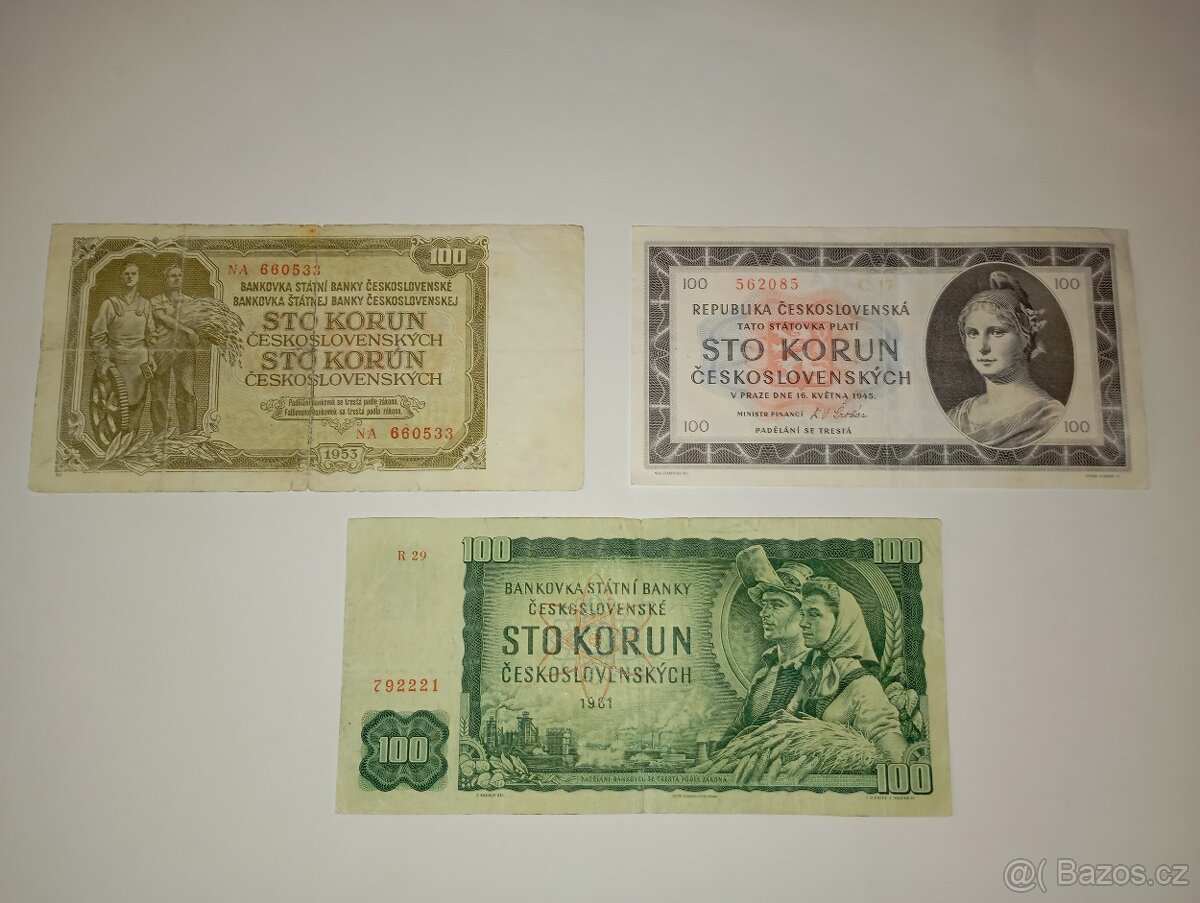 BANKOVKY 100 KČS 1945-1961, 3 RŮZNÉ EMISE