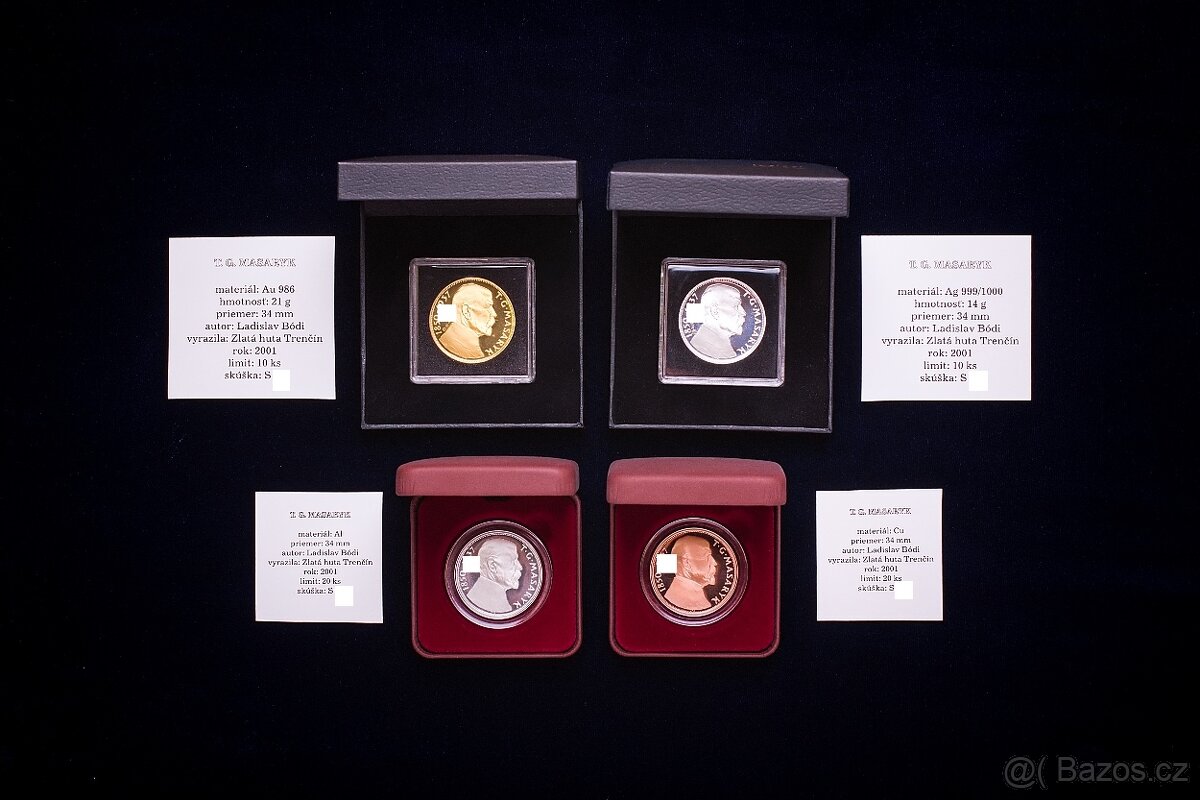 Au+Ag+Cu+Al Zkušební odrážky 20Kč TGM 1850/1937, VZÁCNÉ