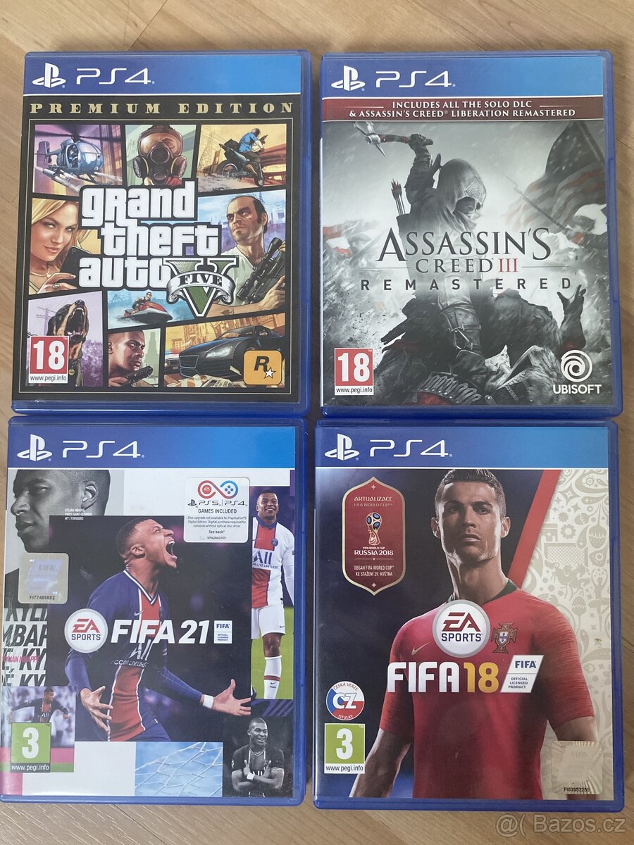 PS4 hry GTA 5, Fifa 18&21 a Assassin creed 3