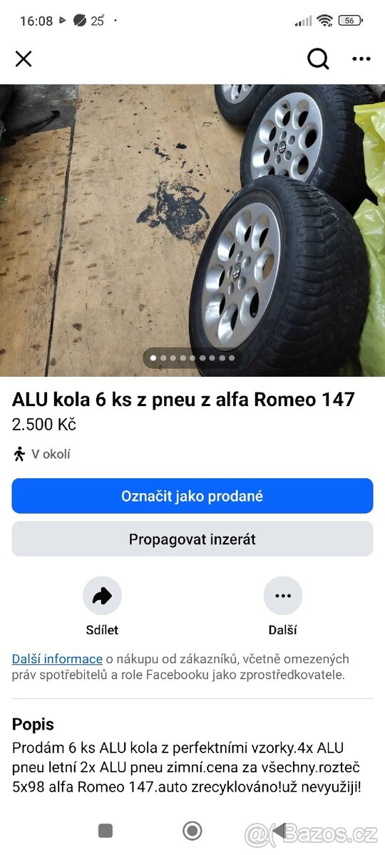 ALU kola 5x98z pneu 6 ks alfa romeo