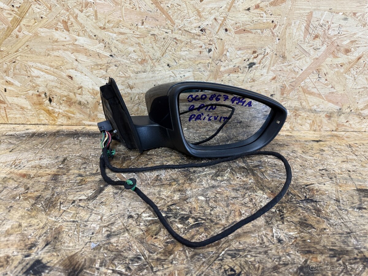 PRAVÉ ZPĚTNÉ ZRCÁTKO VW PASSAT B7 9 PIN 3C0857934A ŠEDÁ MET.