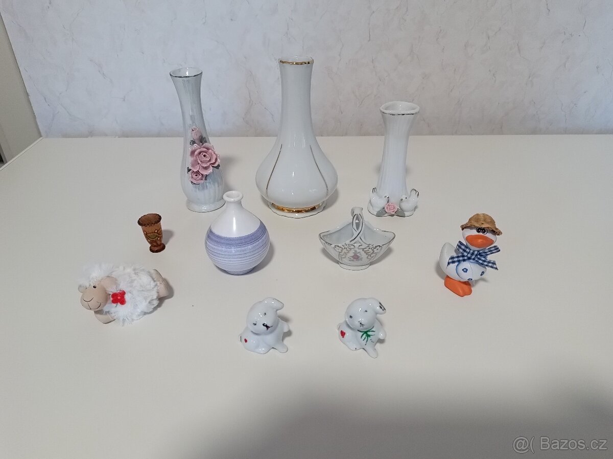 Porcelánové vázičky, košík, pejsek, ovečka, kačer