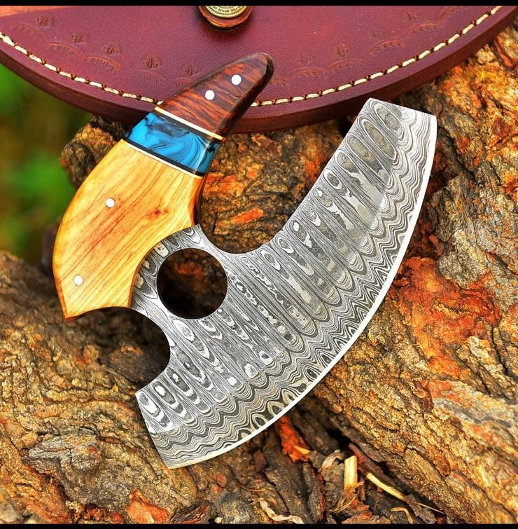 ručně kovaná Damašková sekera VALHALLA s koženým pouzdrem