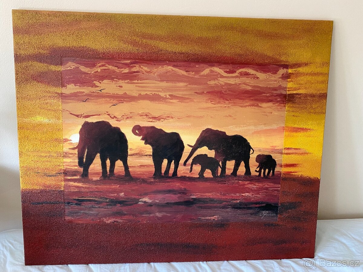 obraz - sloni v západu slunce