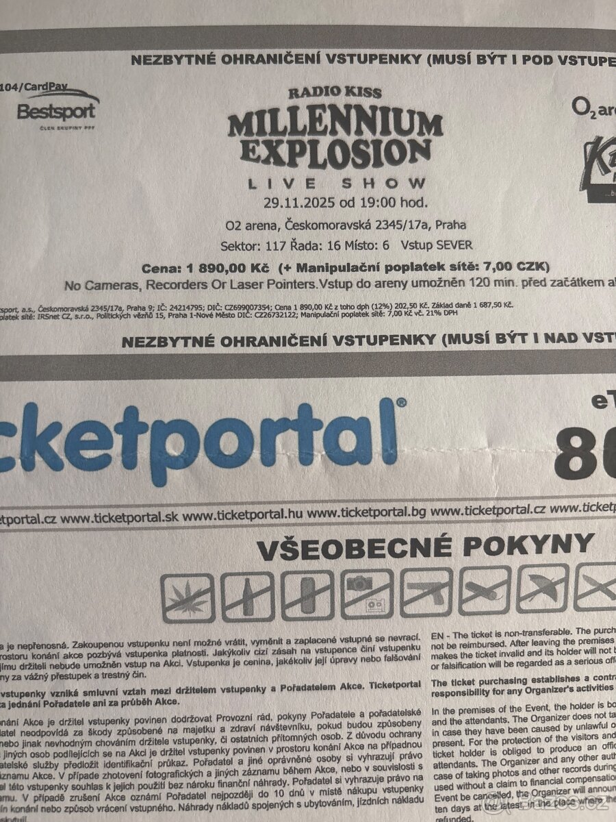 Millennium explosion - Prodám vstupenky + parkovací lístek