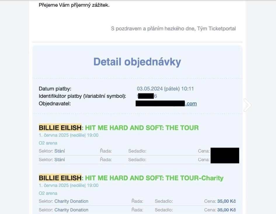 2 Vstupenky na koncert Billie Eilish 1.6. 2025 v Praze.