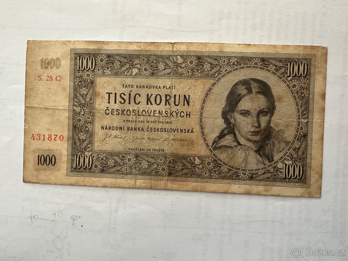 Bankovka 1000 Kčs z roku 1945