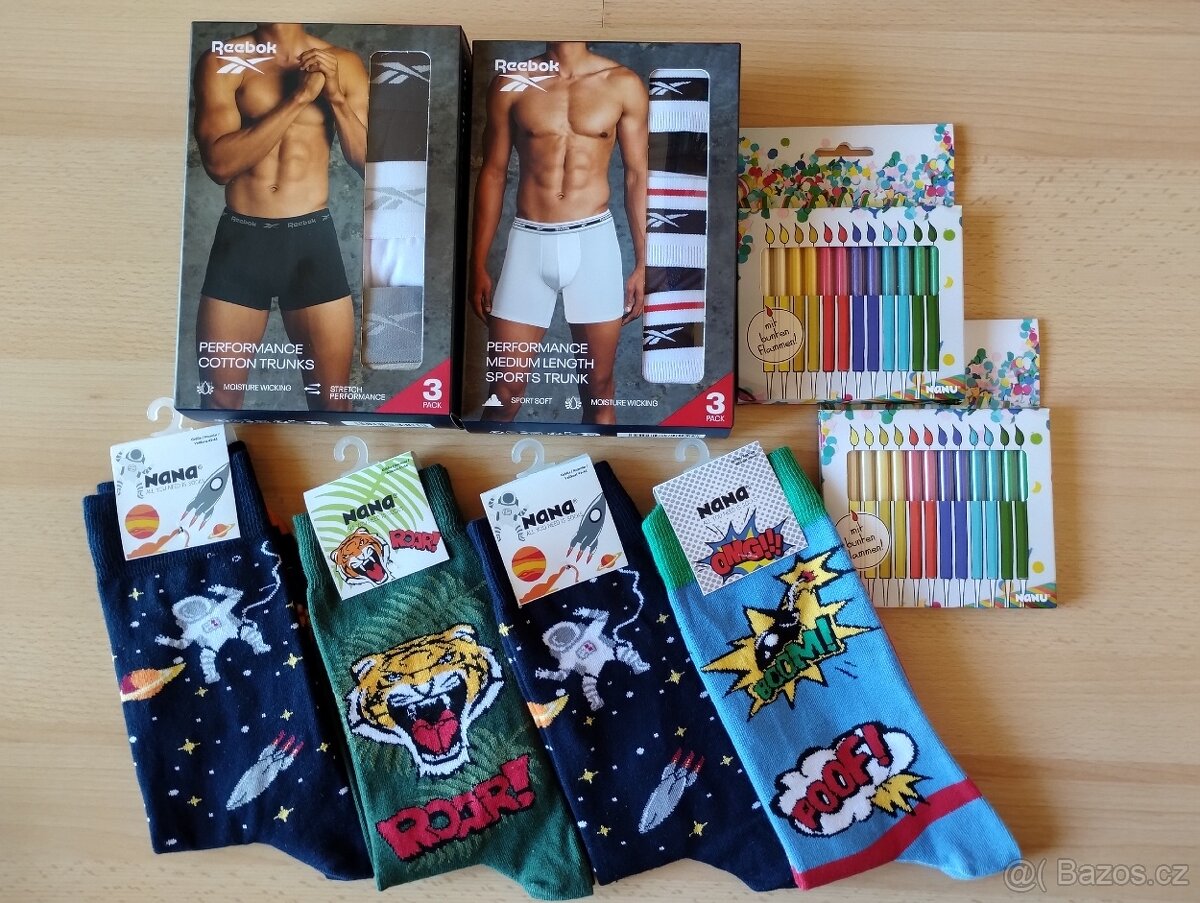 6x Reebok boxerky, 4x ponožky, narozeninové svíčky