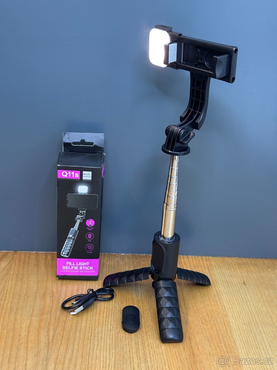 Selfie tyč + stativ + světlo + dálkový Bluetooth ovladač NEW