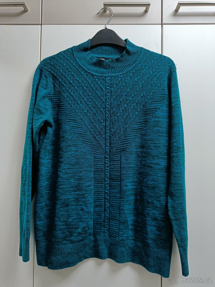 Dámský žíhaný tyrkysový svetr s plastickým vzorem L