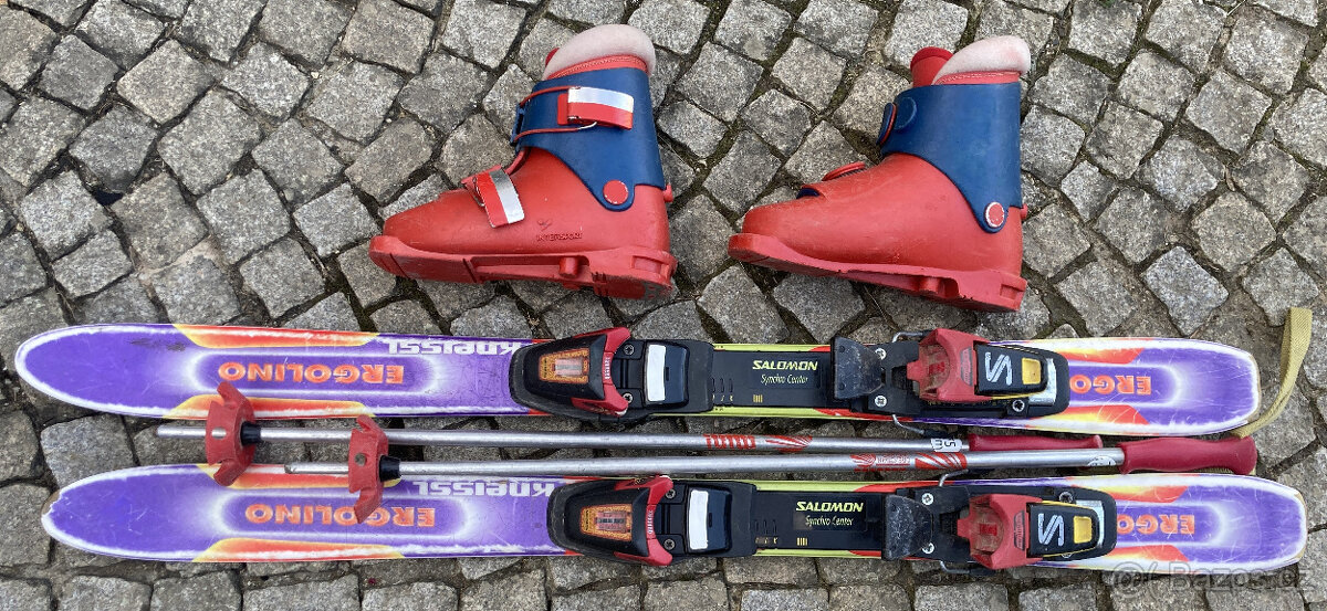 Dětské lyže 98cm, lyžáky, hůlky